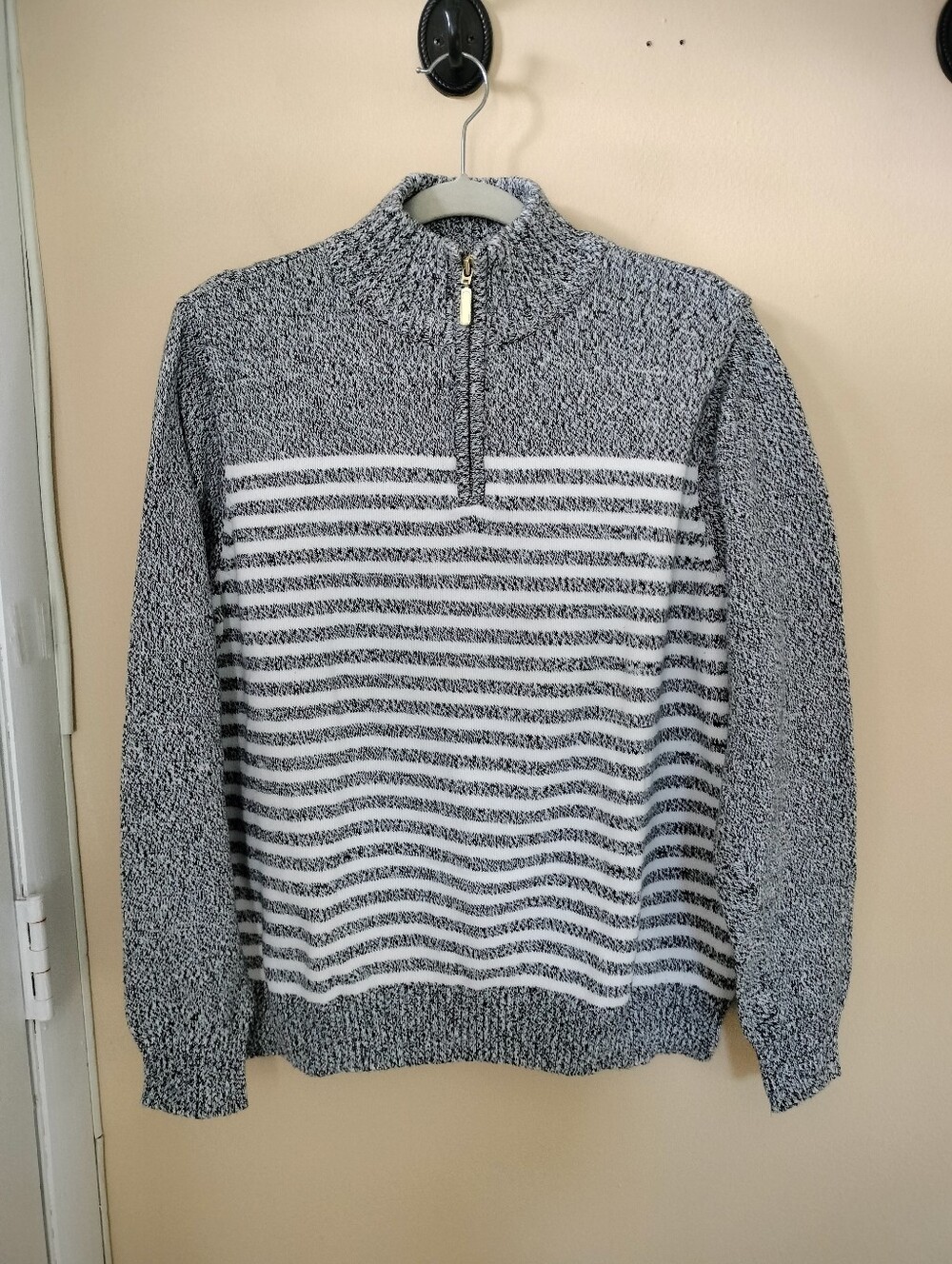 Karen Scott Gray White Striped Quarter Zip Cotton Sweater XL Preppy Travel